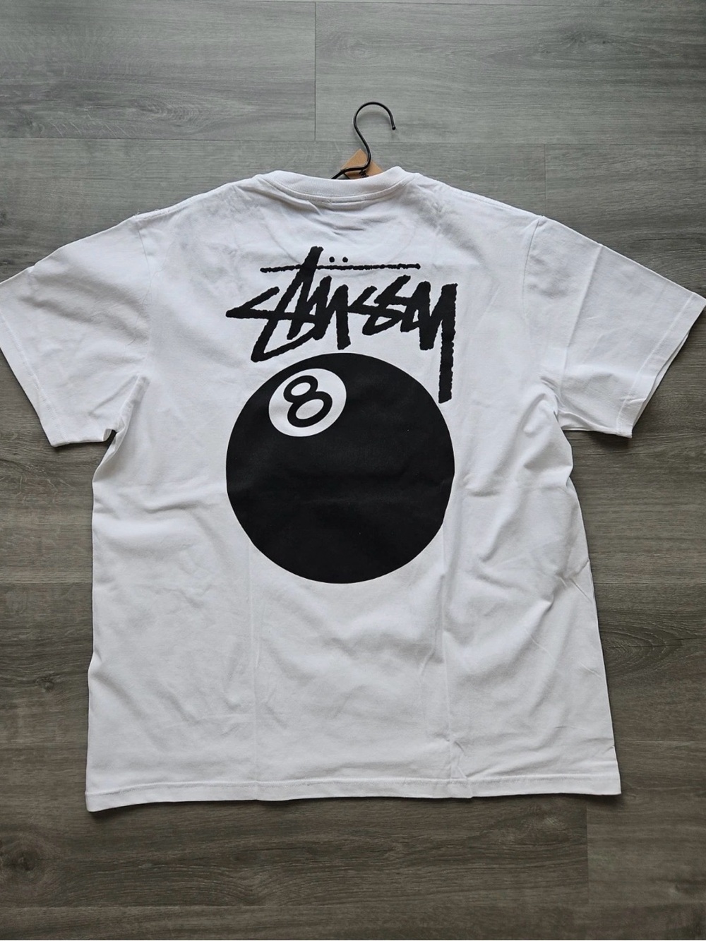 New Stussy White Tee with Black 8-Ball Graphic and Logo
